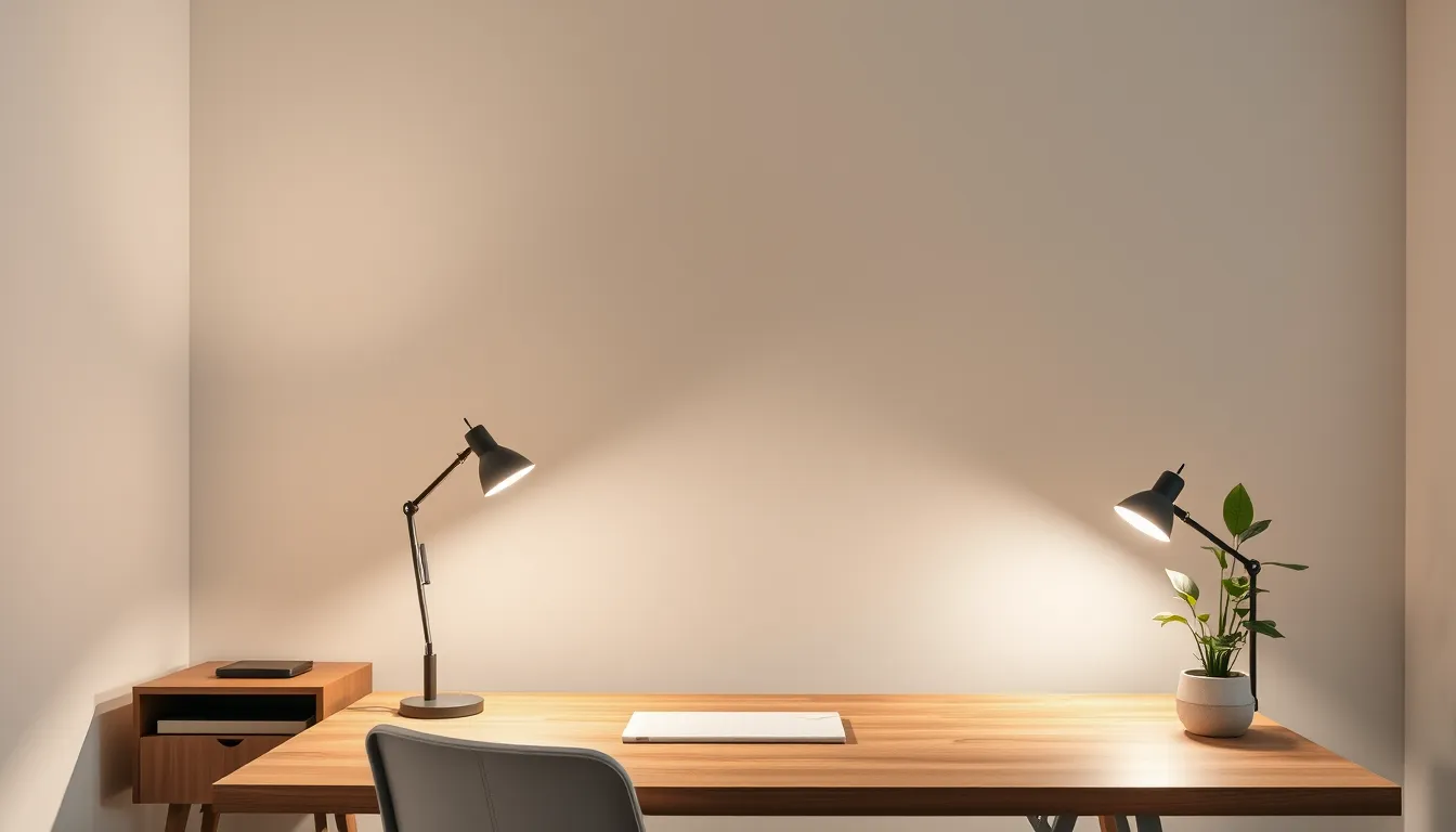 A home office with a wooden desk, desk lamp, overhead LED panel, and accent lamp creating balanced lighting.