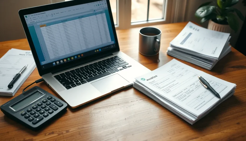 Laptop open to spreadsheet, calculator, invoices on desk, natural light