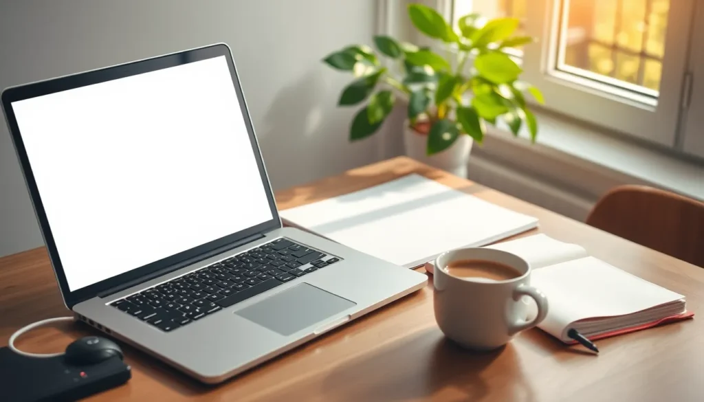 Modern desk with laptop, notebook, coffee mug, and plant.