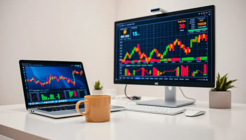 A workspace with a laptop, coffee mug, and monitor showing financial charts.
